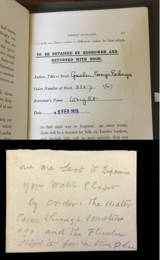This loan slip and note about a leaking water closet are just two examples of the array of items used as bookmarks.
