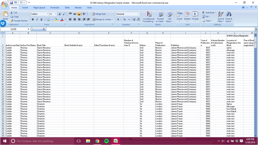 Screenshot of the spreadsheet documenting Mill's annotations on one of his texts by Thomas Carlyle. 