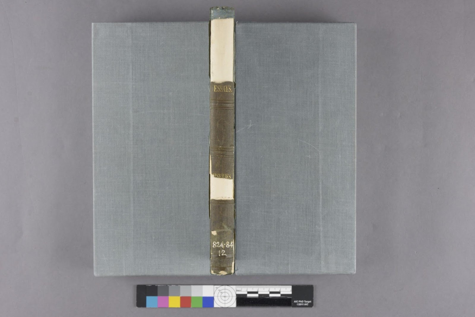 Spine of R. W. Emerson's Essays (1841) before undergoing conservation treatment